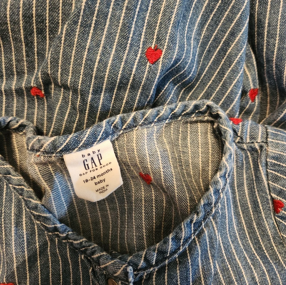Denim Blue White Striped Red Embroidered Heart Dress Long Sleeves, Gap 18-24 Mos
